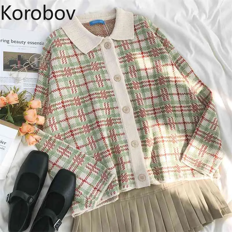 Korobov Streetwear 긴 소매 턴 다운 칼라 스웨터 한국어 컬러 패치 워크 풀오버 빈티지 싱글 브레스트 Sueter Mujer 210430