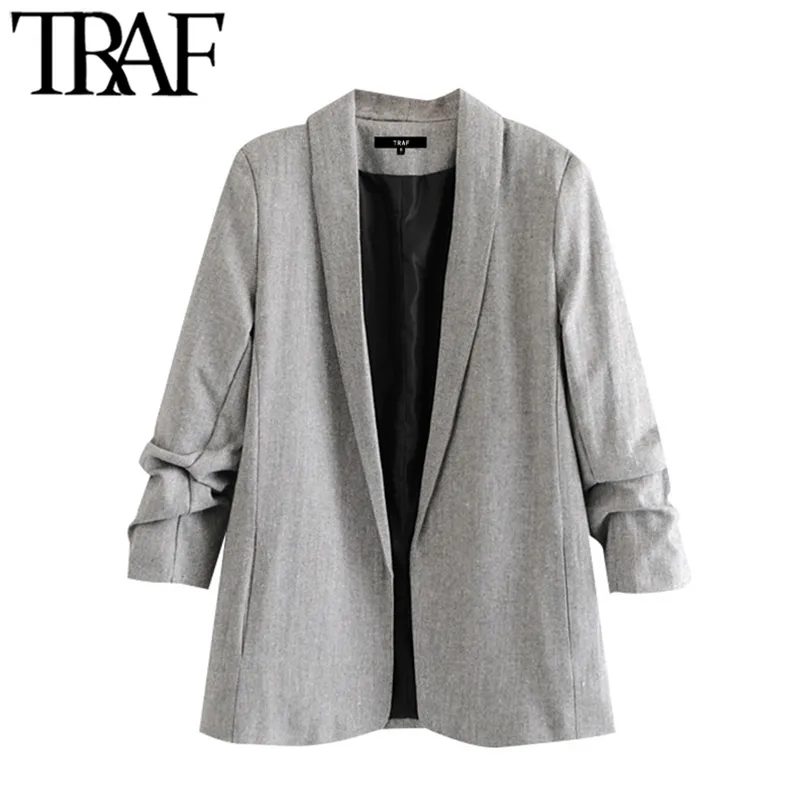 TRAF femmes mode bureau porter Blazer manteau Vintage col cranté plissé à manches longues vêtements de dessus pour femmes Chic hauts 211006