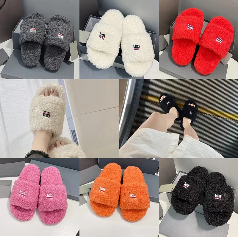 Designer Women ladys girls Furry Slide Slipper spring and autumn pink Real wool white logo embroidery Fashion Comfortable Top Quality Barefo