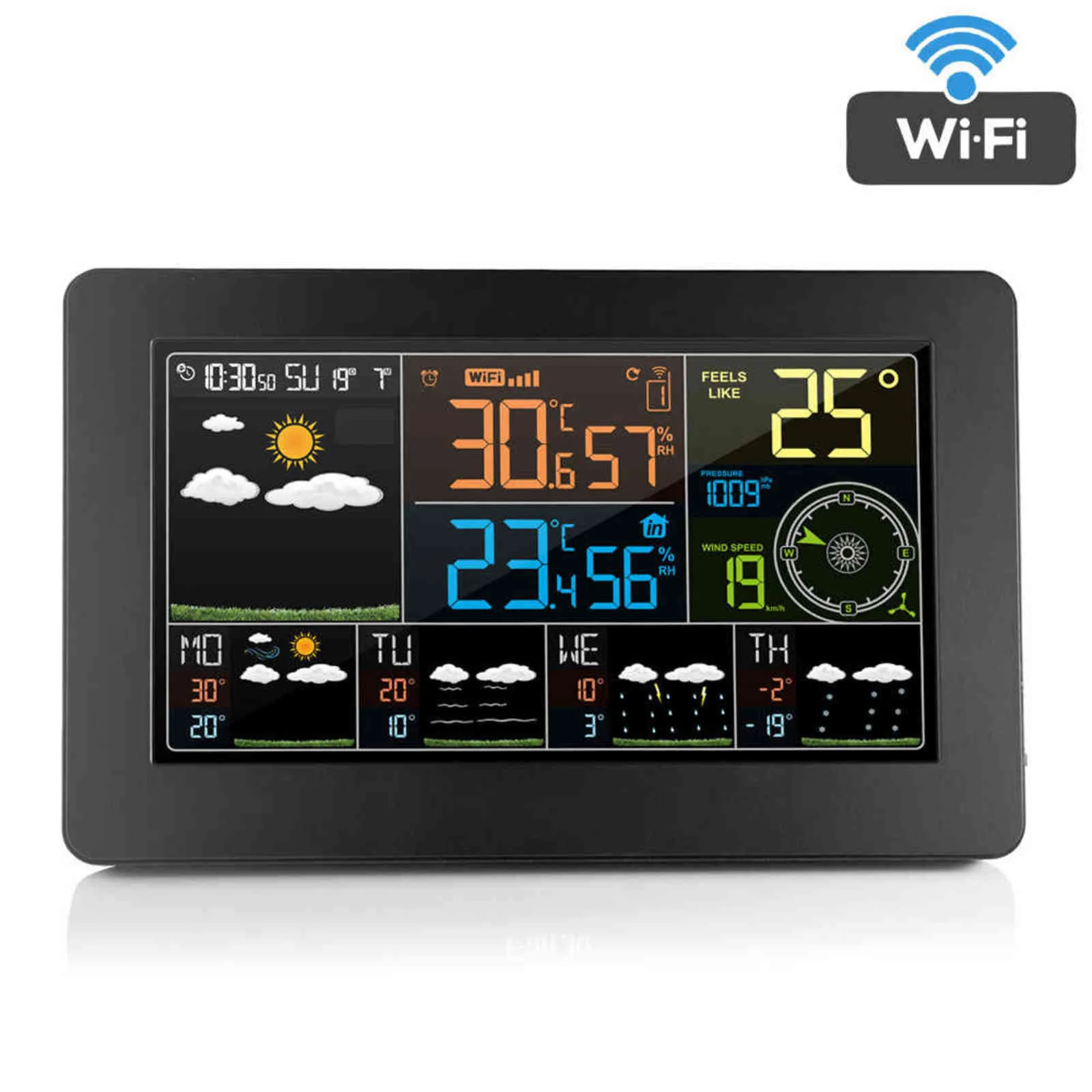 Fanju W4 Wi-Fi Clock Humidade Pressão Tempo Tempo Digital Despertador Temperatura com Sensor Sem Fio Decoração da Tabela 211111