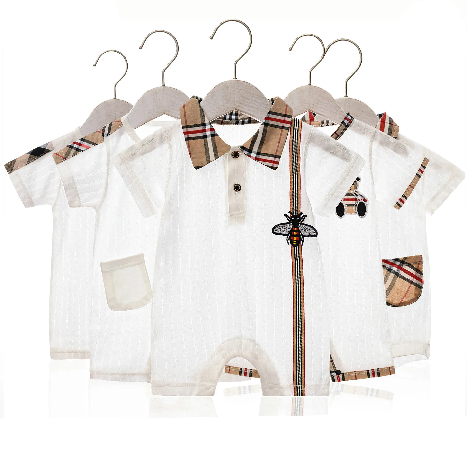 小売/卸売生まれ0-12mのベビー格子縞のベアロンパーズワンズコットンシンジャンプスーツワンピースボディスーツトッドル幼児の子供の服