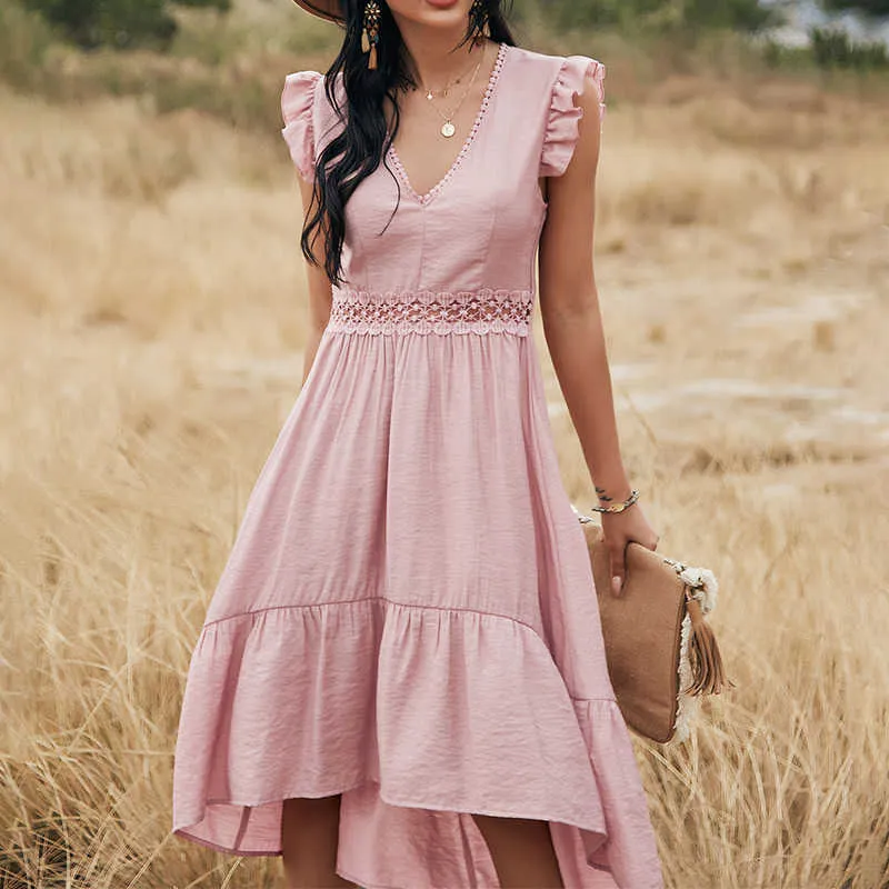 Pink Bohemian Dress: Summer Solid Pink Maxi Dress, Sexy High Waist