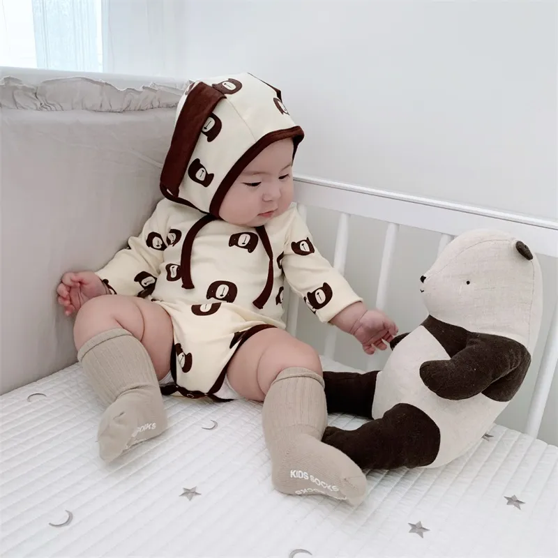 2021 New Spring Kids Boys Girls 3-pcs Sets Cartoon Bear Long Sleeves Bodysuit Pants Cap Children Pajamas Kids Clothes 1583 B3