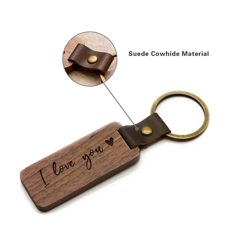 Personalized DIY Home Leather Keychain Pendants Beech Wood Carving Keychains Thanksgiving Father`s Day Gift