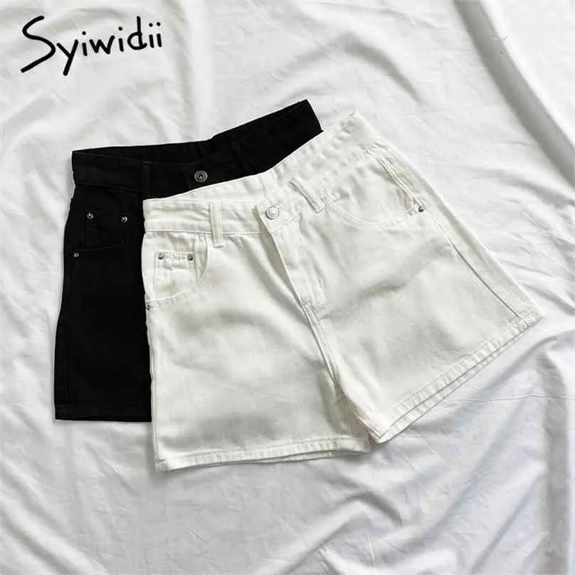 Syiwidii ​​kvinna höga midja denim shorts jean sommar svart kläder vit mode solid 100% bomull dragkedja flyga casual 210719
