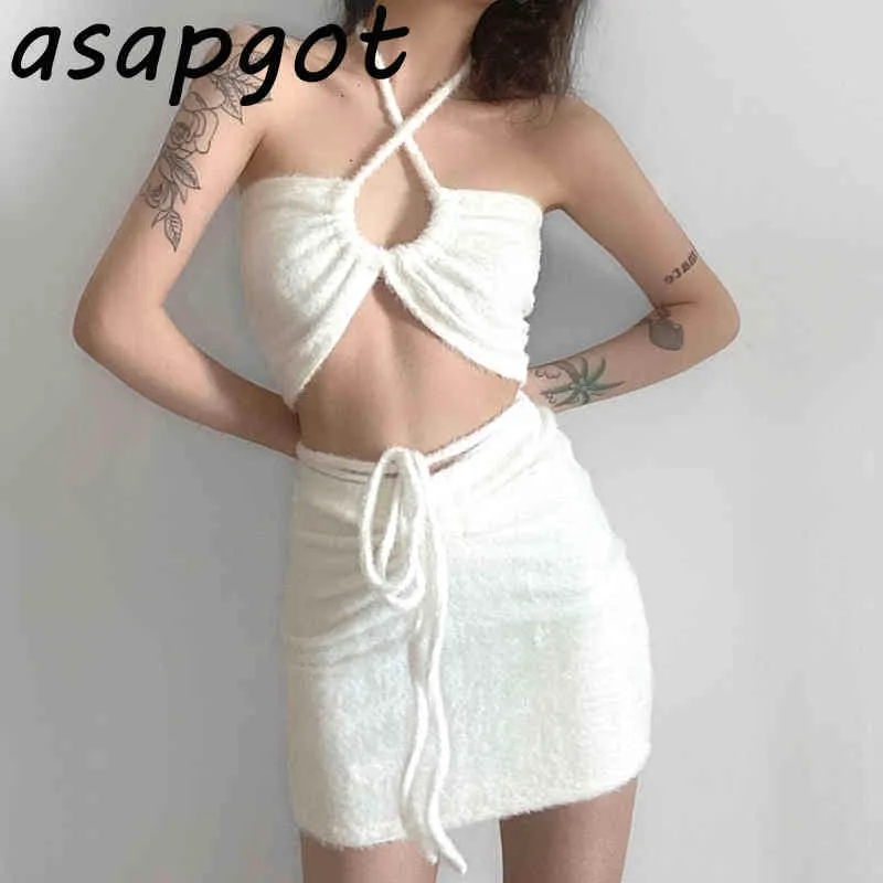 Temperamento curto sem mangas halter camisole tops Sexy branco magro coreano chique cintura alta lace up saias mulheres conjuntos de moda 210429
