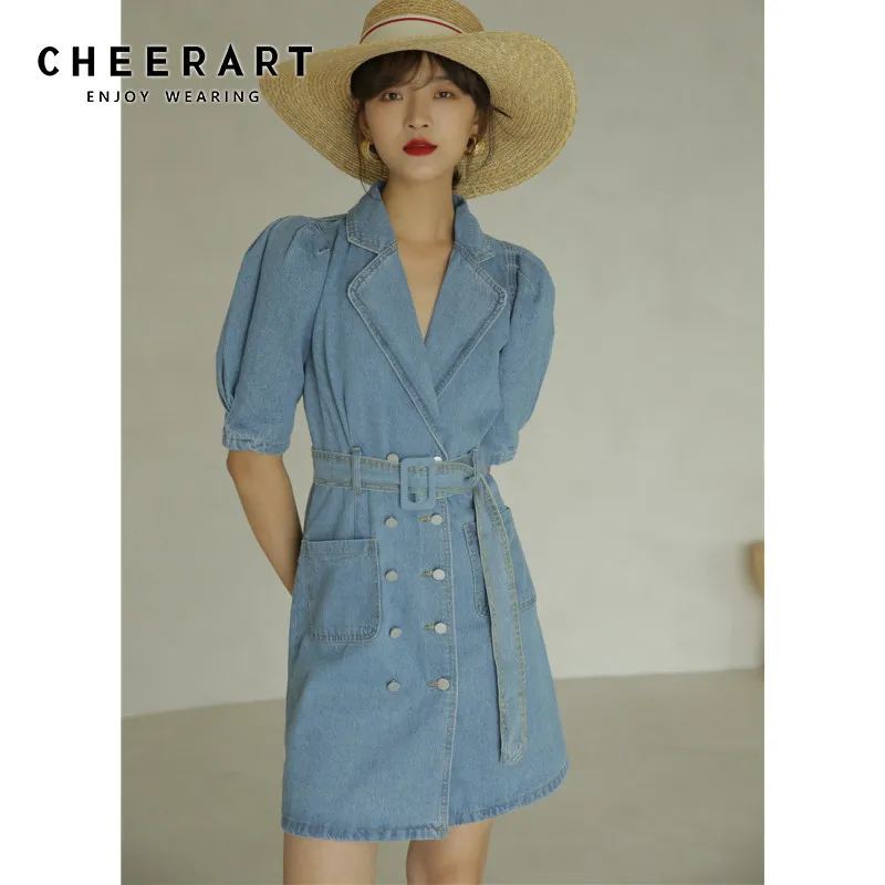 Puffärmel rückenfreies koreanisches Denim-Kleid Frauen Sommer Zweireiher Open Back Damen Jean Blazer Blau 210427