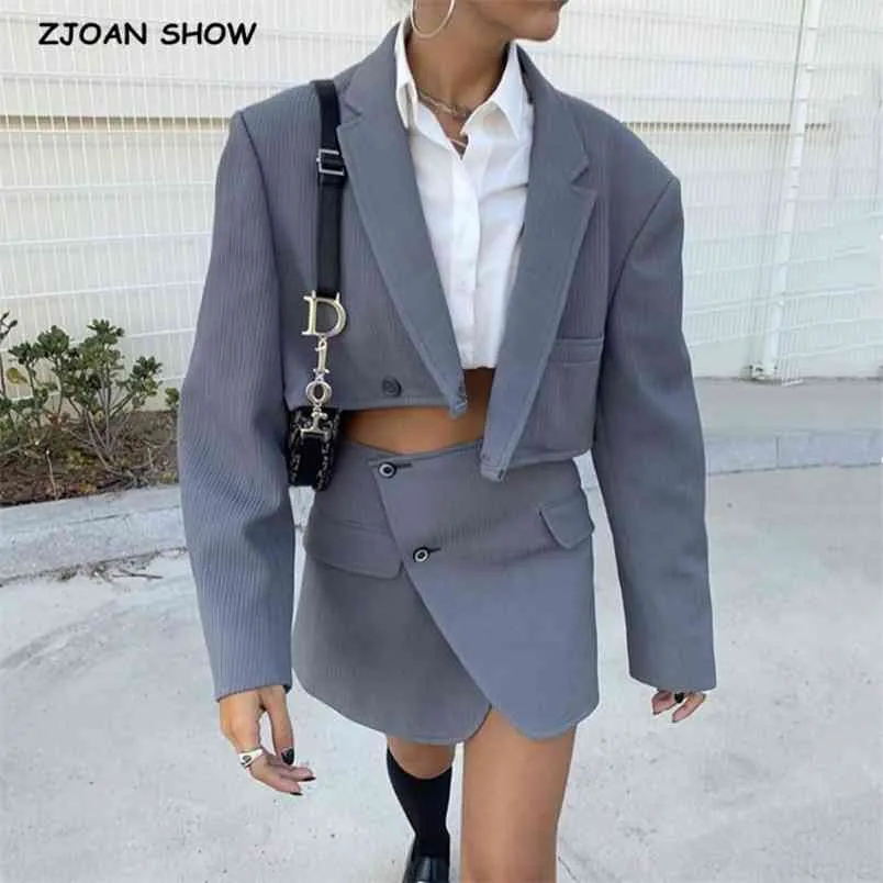 Vintage Sexy One Button Short Women Corduroy Blazer High Waist Irregular Cross Slit Mini Skirt Long Sleeve Suits 2 Pieces Set 210429