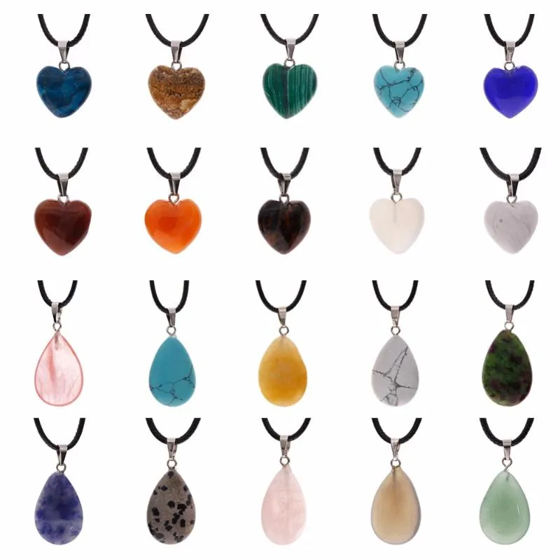 Pendant Necklaces 20Pcs/set Heart And Waterdrop Stone Pendants Assorted Color Beads Crystal Charms With 18 Inch Black Leather Cord Necklace#