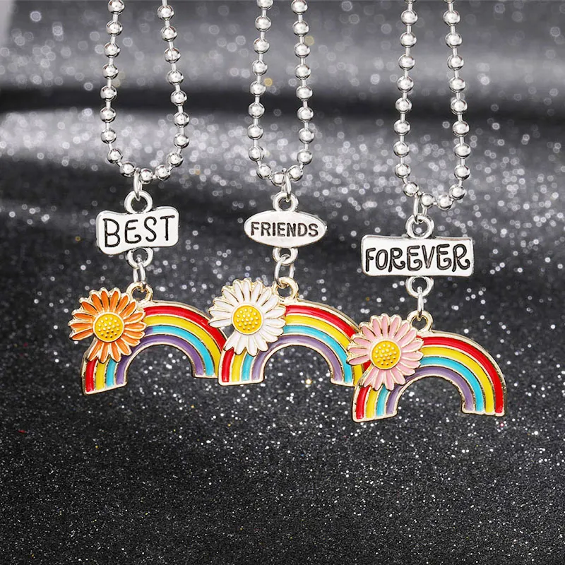 Fashion Daisy Rainbow Necklace Enamel Cartoon Kids Good Friends Forever Pendant Necklaces Jewelry Gift