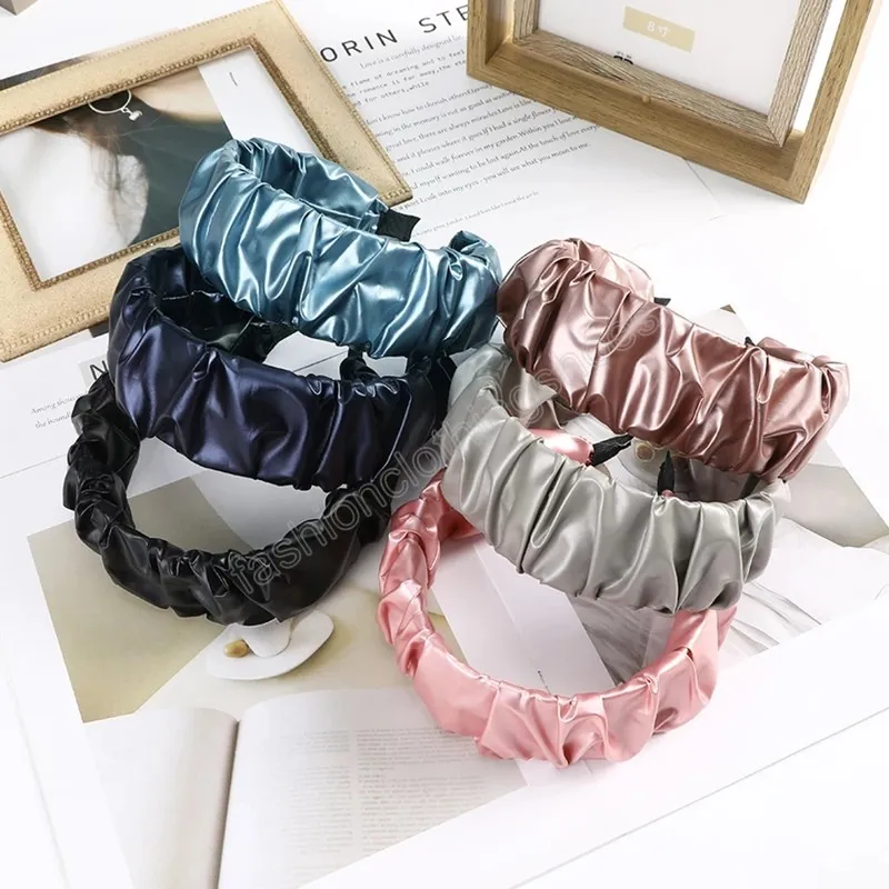 Solid Color Leather Headbands Hair Band Pleated Wide Headdress Hair Hoop Bezel Headwear For Women New Accessories