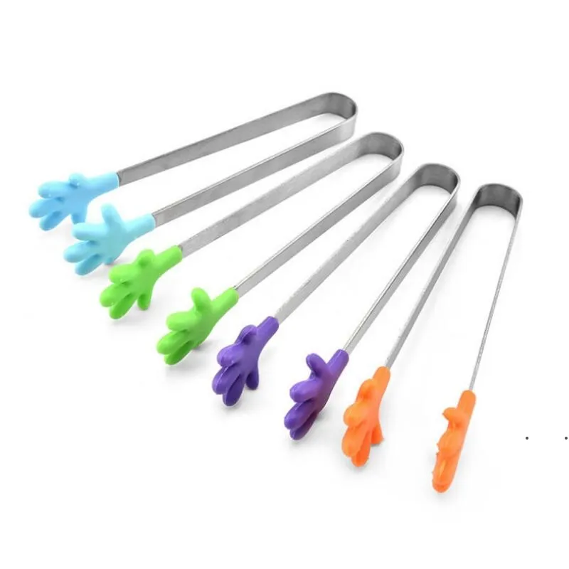 Gullig kreativ liten silikonklipp utan glidning Rostfritt stål Mini Food Ice Square Suger BBQ Tongs Clips Köksprodukter CCB8216