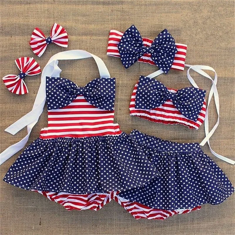 4th July INS Little Girls Sets Summer American Fashion Rombers with Hair Bows Bra and Skirt Shorts Outfits 1866 Y2