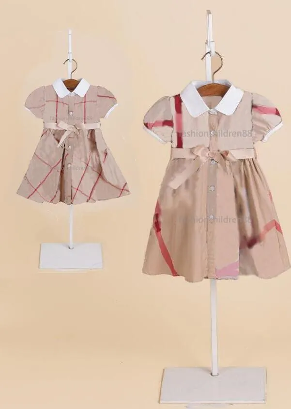 Enfants robe à carreaux étiquettes filles revers robes à manches courtes bébé enfants vêtements simple boutonnage décontracté treillis