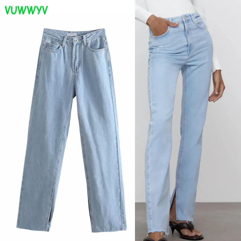 Джинсы Женщина светло-голубая прямая вспышка лета лето высокая талия джинсовые брюки для женской моды уличные брюки 210430