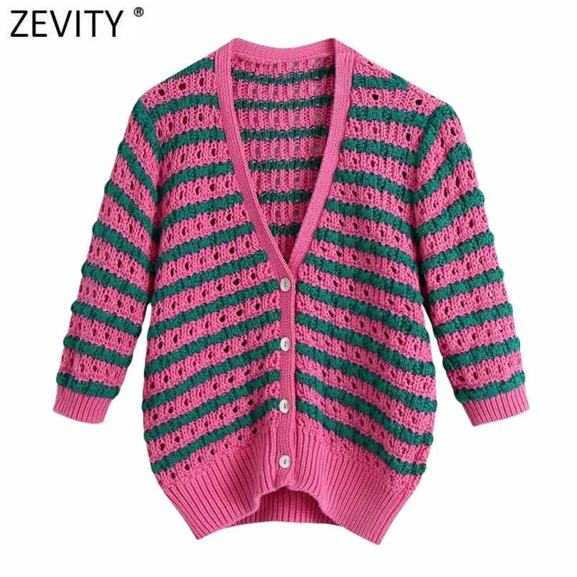 Zevity Women Fashion V Neck Color Matching Striped Print Hollow Out Crochet Knitted Sweater Female Chic Cardigans Tops SW801 211018