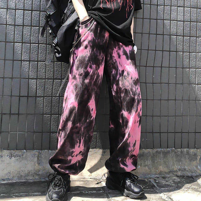 트렌드 와이드 다리 스웨트 여성 가을 ​​의류 한국 힙합 넥타이 염료 빔 바지 All-Match 느슨한 캐주얼 210526
