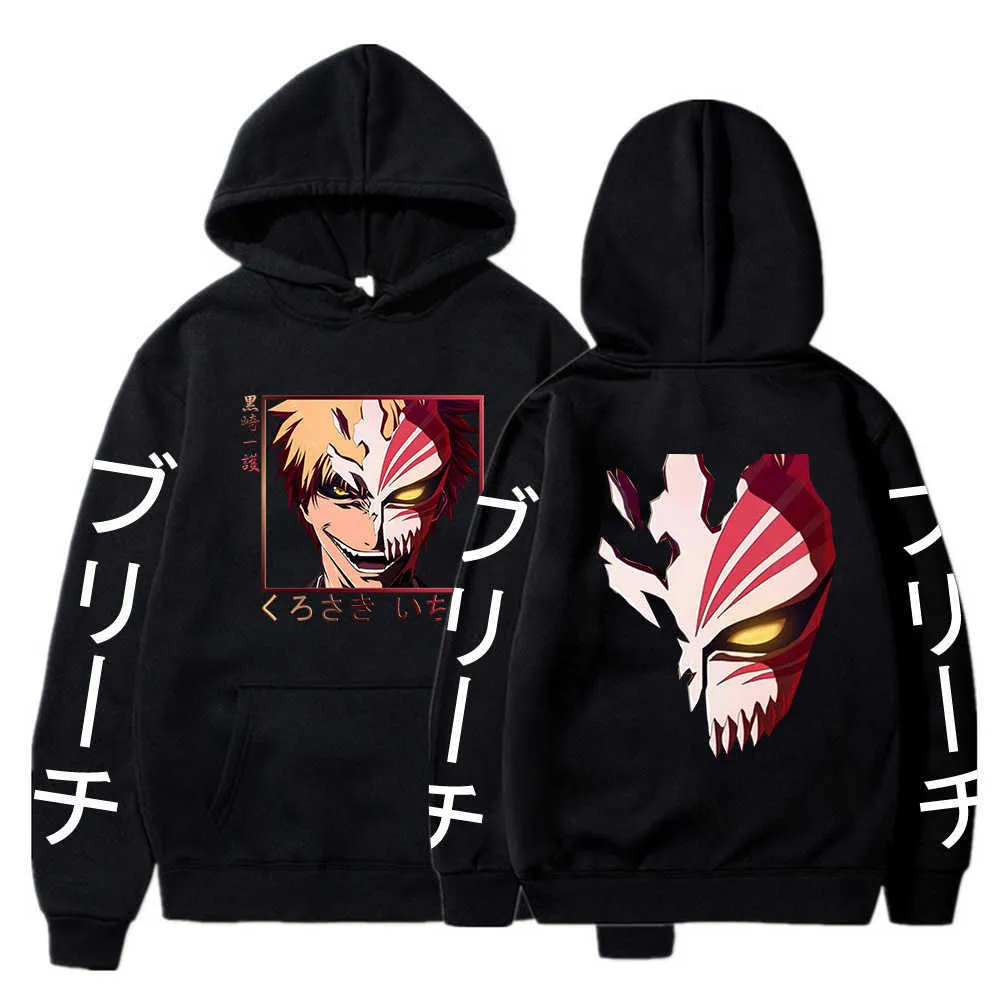 Cool Anime Bleach Kurosaki iChigo Hoodies Популярные Мультфильм Череп Сплит Лица Маска Графическая Мода Повседневная Толстовка с длинным рукавом G1019