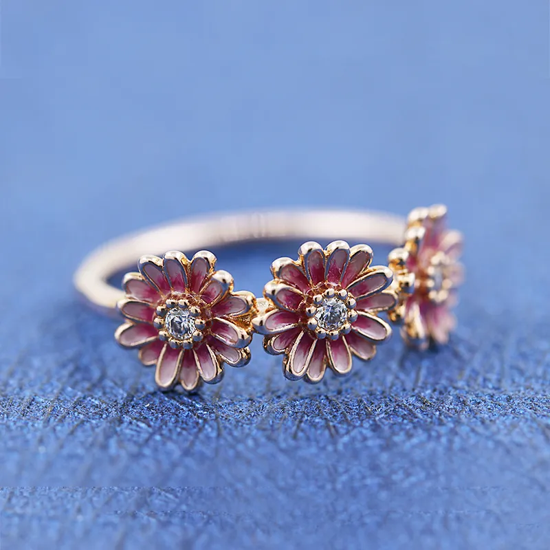 Flor de Margarita rosa con anillo de banda de piedra de Zirconia cúbica apto para joyería Pandora compromiso amantes de la boda anillo de moda para mujer