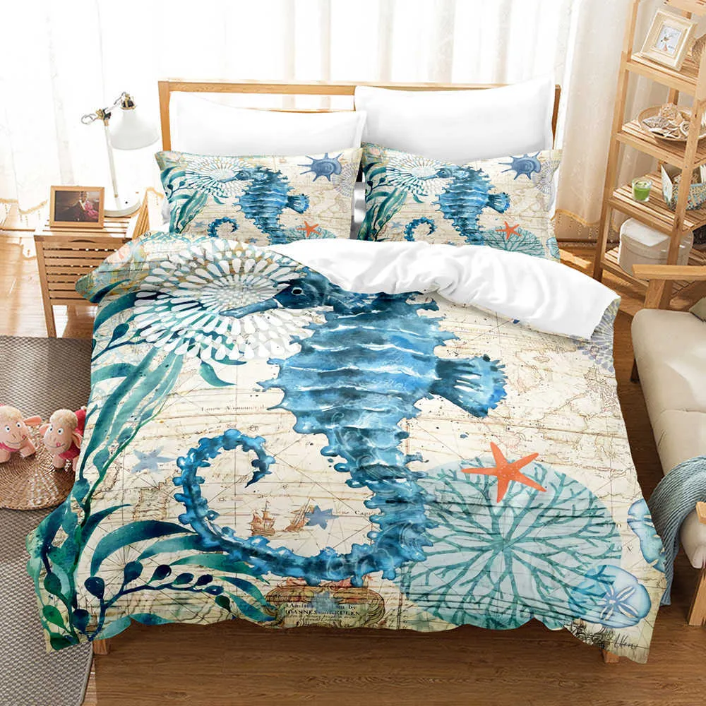 Ocean World Bedding Set Único Gêmeo Rainha Completa Rei Tamanho Mar Tartaruga Mar Cama Aldult Criança Quarto Duvetcover S 3D Print 030