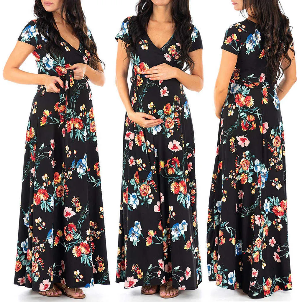 Nowy Letni Macierzyński Maxi Sukienka Odzież karmienia piersią Dla Kobiet w ciąży Sukienka opieki V-Neck Floral Print Lactation Odzież q0713