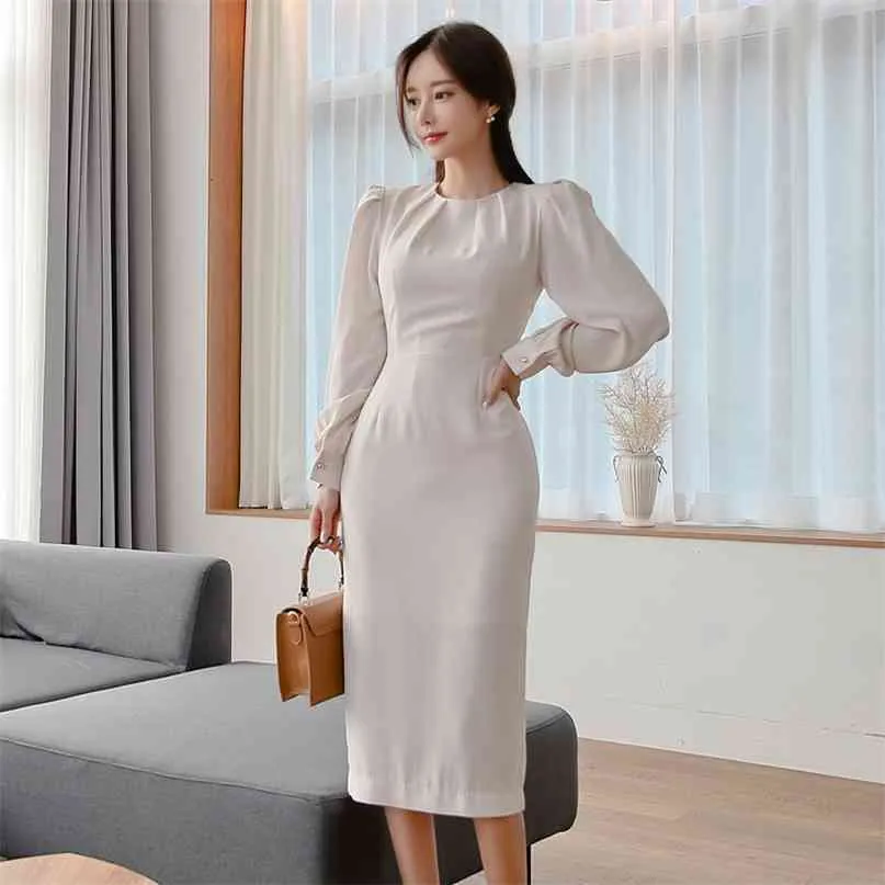 한국 패션 여성 Bodycon 드레스 가을 긴 소매 미디 작업 연필 슬림 사무실 레이디 파티 멍청이 210603