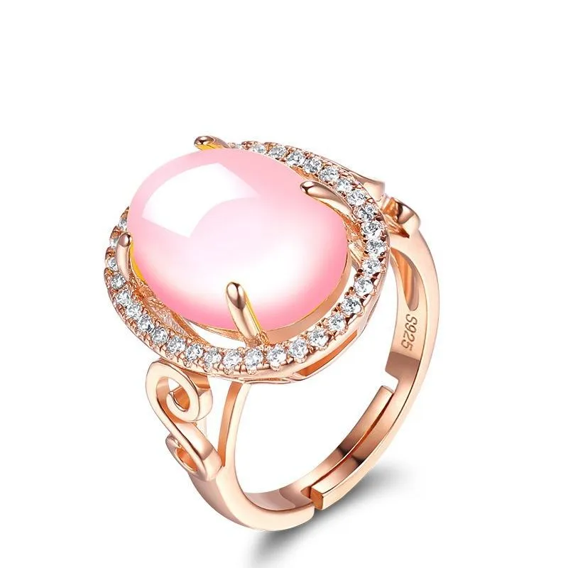 100% 925 prata cor rosa anéis de quartzo para mulheres natural rosa cristal casamento banda anel de diamante luxo jóias finas clust2623