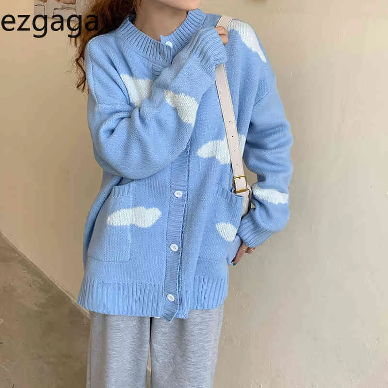 Ezgaga céu azul nuvens cardigan mulheres estilo japonês outono inverno sweater bolso bolso manga longa knitwear rua moda tops 210430