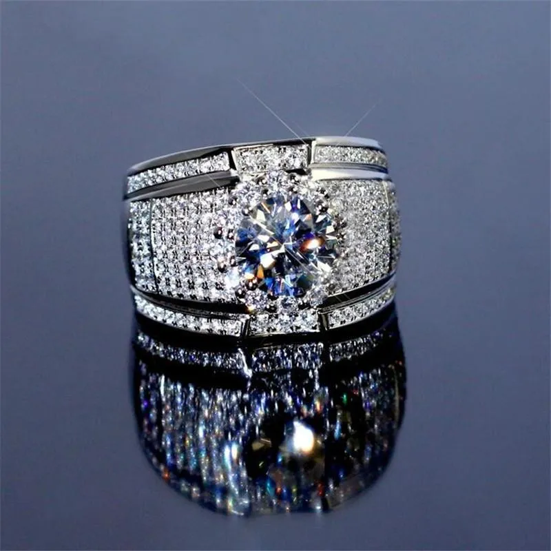 Cluster Rings Rulalei musujące luksusowa biżuteria 925 Sterling Silver okrągły krój biały 5A sześcienna cyrkon Pave CZ obietnica obrączka pierścionek dla mężczyzn