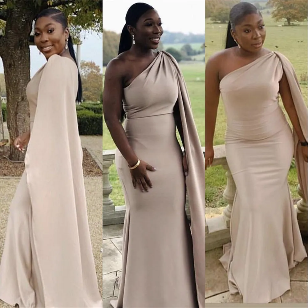 2021 vestidos de noite africanos desgaste sereia champanhe nude um ombro com cabo formal festa vestidos de bairros vestido de dama de honra plus tamanho varrer trem elástico cetim