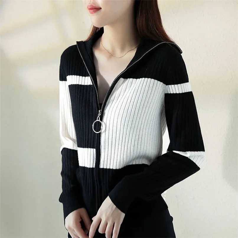 Suéters Mulheres Plus Size Malha Outono Moda De Malha De Lã Zipper Splicing Quente Cardigan Jumper Jerseys Sweater Mulher 210918