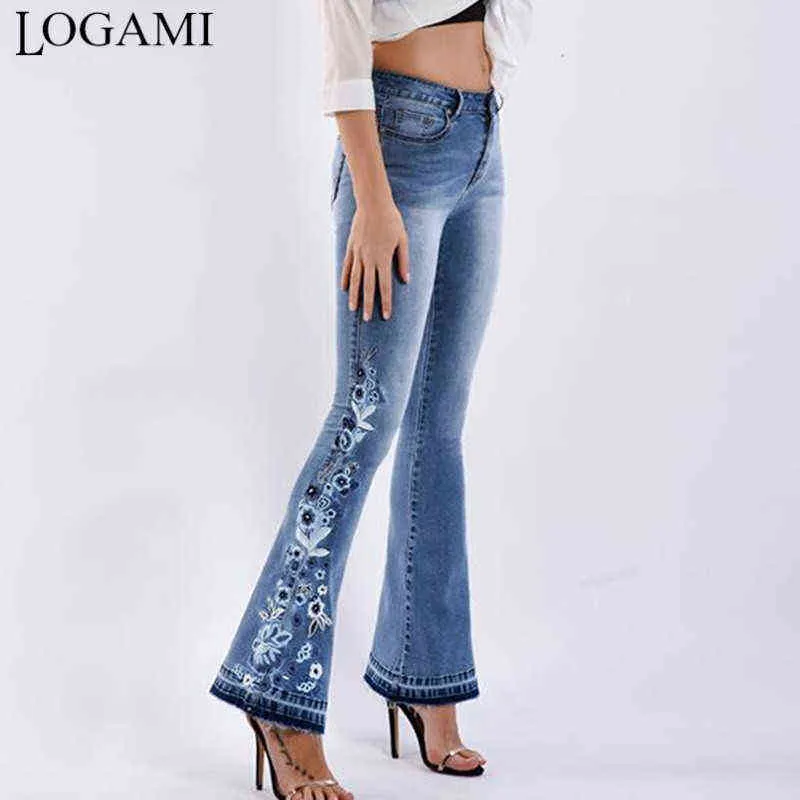 Logami Çiçek Nakış Skinny Jeans Kadın Vintage Flare Denim Pantolon Bayan 211129