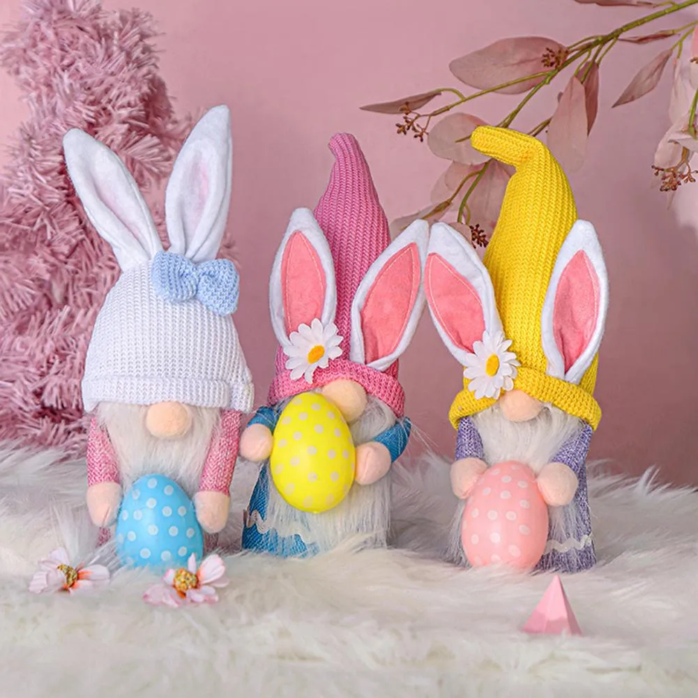 Easter Plush Holding Egg Faceless Gnome Rabbit Doll Handmade Holiday Table Figurines Pendant Kids Toy Gifts Home Party Decor