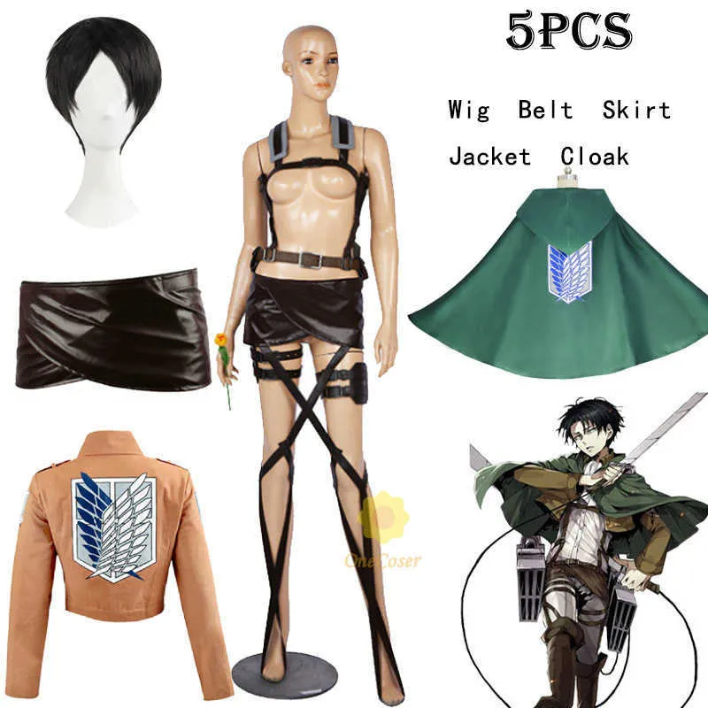 Ataque de anime em Titan Levi Ackerman Cosplay Costume Conjunto de Peruca Jaqueta Canto Caixa De Couro Cinto Avental Saia Scouting Legion Cape Y0903