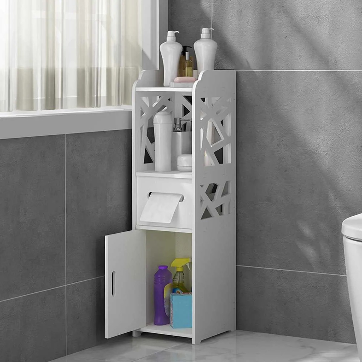Small Bathroom Storage Corner Floor Cabinet with Doors and Shelves Thin Toilet Vanity Cabinet Narrow Bath Sink Organizer 210705