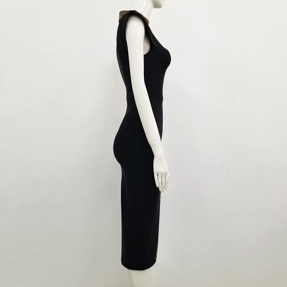 knee length dresses for ladies Off Track Black Bodycon Midi Dress With Sheer Sleeves – Club L London main image 1