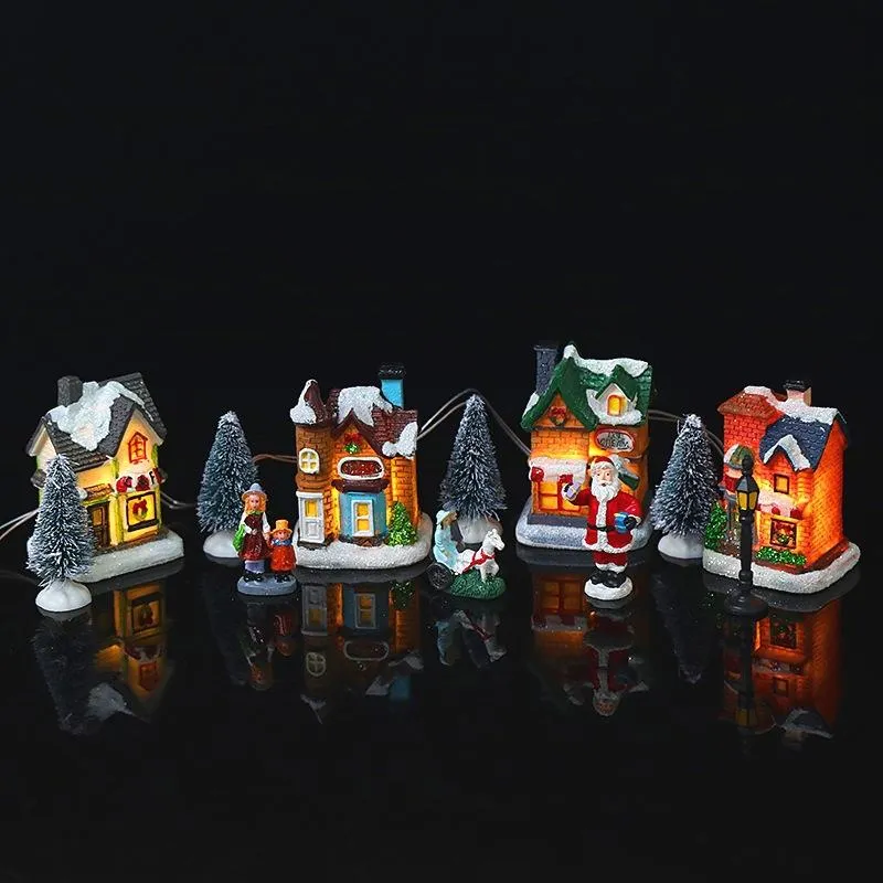 Dekoracje świąteczne wioski Zestaw Dekoruje Santa Claus Żywica Willa Ozdoby 10 Sztuk Luminous Snow House Gifts Drzewo Domek Dekoracja