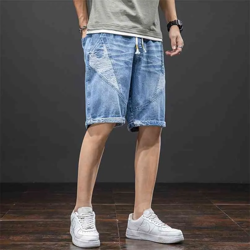 Plus storlek sommar blå kort jeans män knä längd bomull casual baggy byxor manlig randig denim shorts 6XL 7XL 8XL 210716