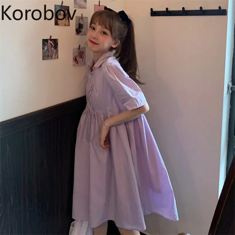 Korobov Summer Chic Lacing Bow Dress Sweet Puff Sleeve A-Line Dresses Vintage High Waist Preppy Style Vestidos Femme 210430