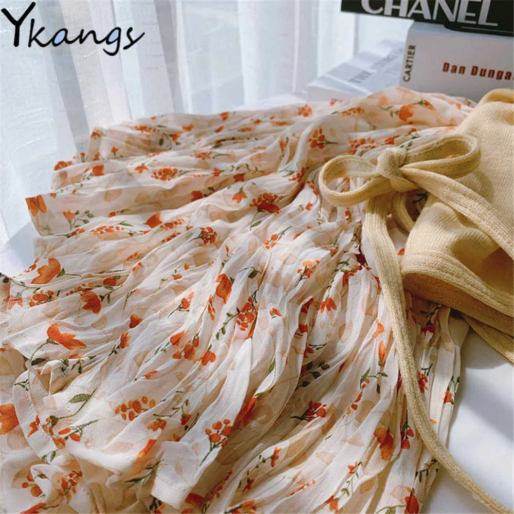 Jupes longues d'été Vintage imprimé floral en mousseline de soie jupe plissée élastique taille haute décontractée jupe midi femmes vêtements jupe 210619