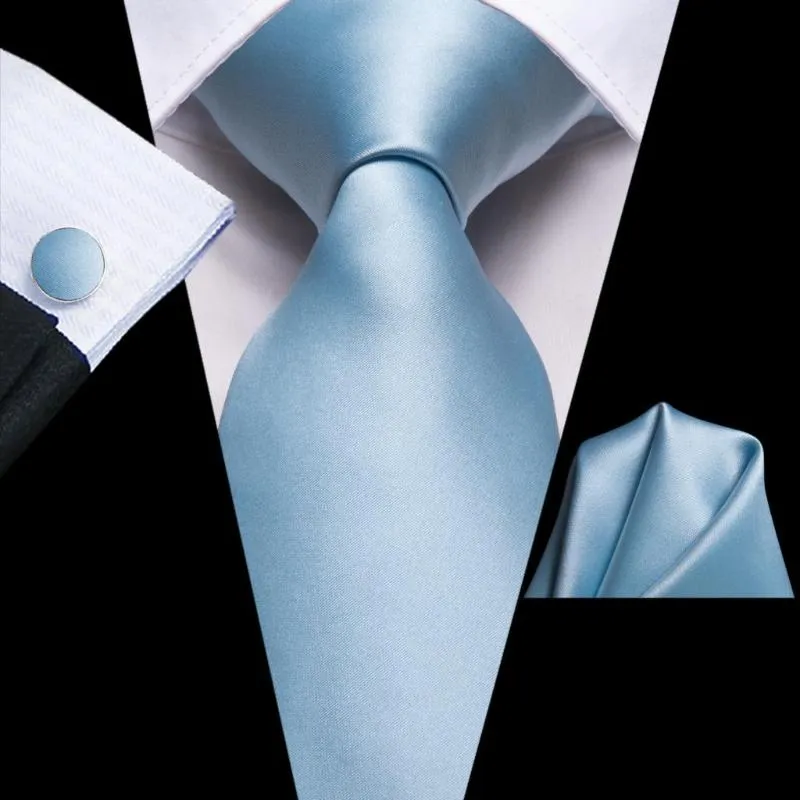 Erkekler Handky Kol Düğmesi Erkek Kravat Seti Moda Tasarımcısı İş Parti Damla Hi-Tie için Papyonlar Açık Mavi Katı İpek Düğün Kravat