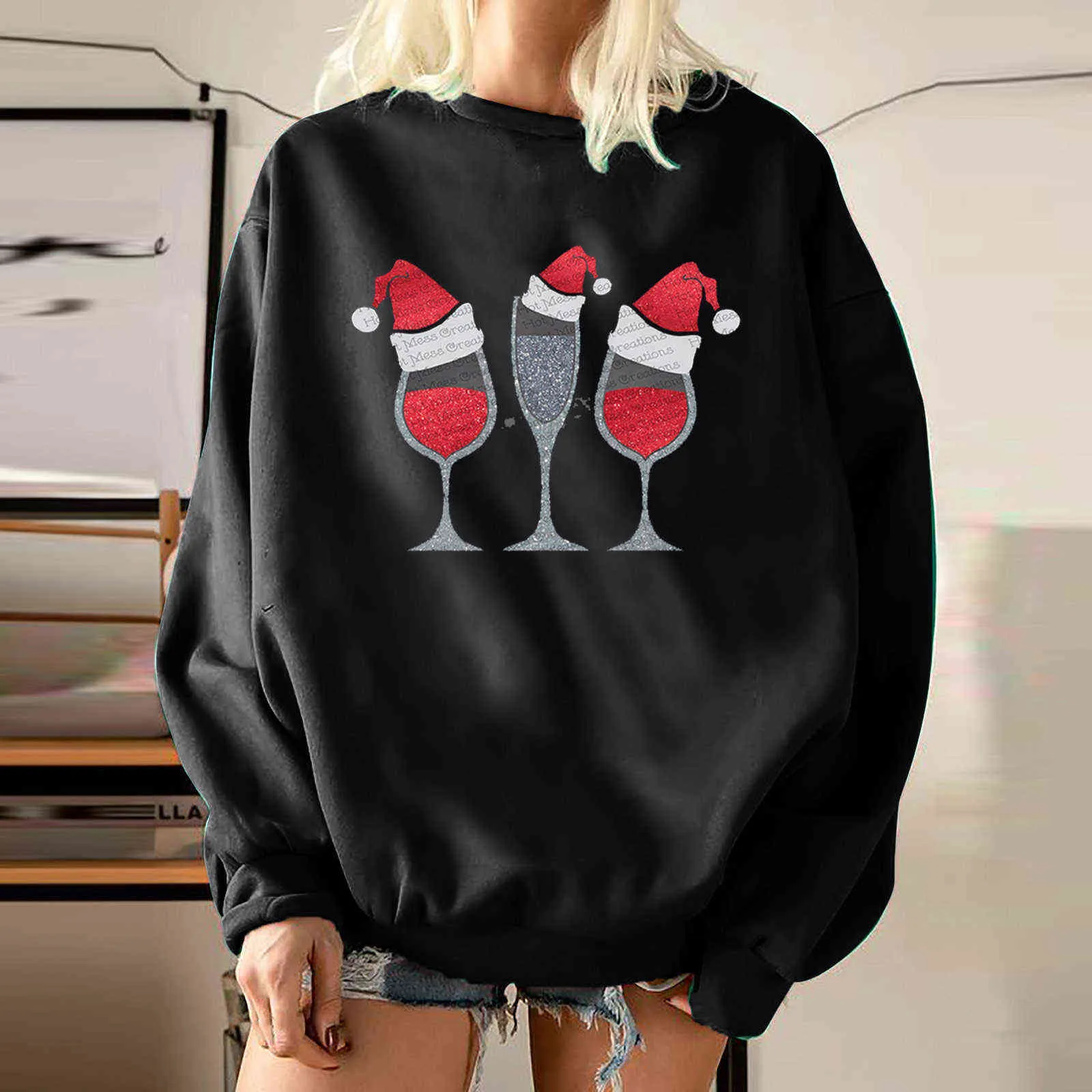 Casual Noël Tops Femme Noël Rouge Vin Verre Imprimé Pull Pour Femmes O-cou À Manches Longues Polaire Surdimensionné Sweat Y1110