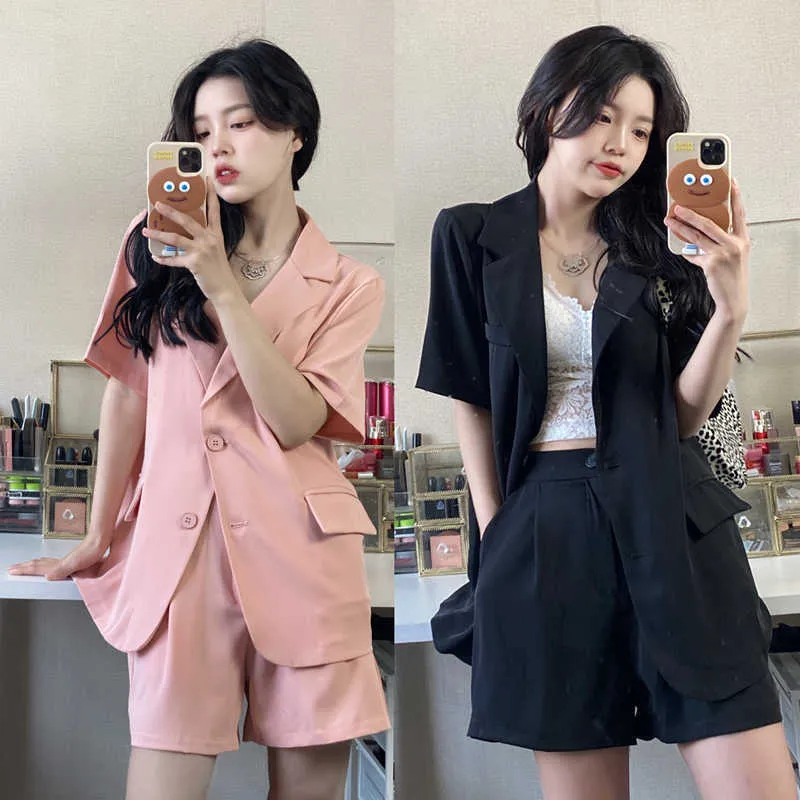 Blazer Suits Short Suits Matching Sets Zomer Casual Mode Roze Revers Korte Mouw Blazer Jasje Wide Been Shorts Black Wild 210610