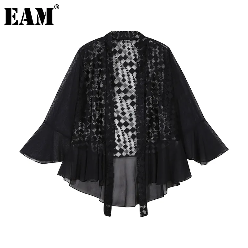 [Eam] Loose Fit Black Mesh Lace Bandage Jacket V-Collar Tre-Quarter Ärm Kvinnor Coat Fashion Spring Summer 1DD8700 21512