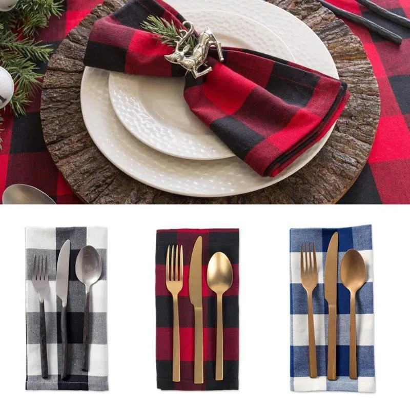 Table Napkin 10pcs Black White Plaid Cotton Linen Placemat Christmas Wedding Craft Dining Tablecloth Simple Style Mat