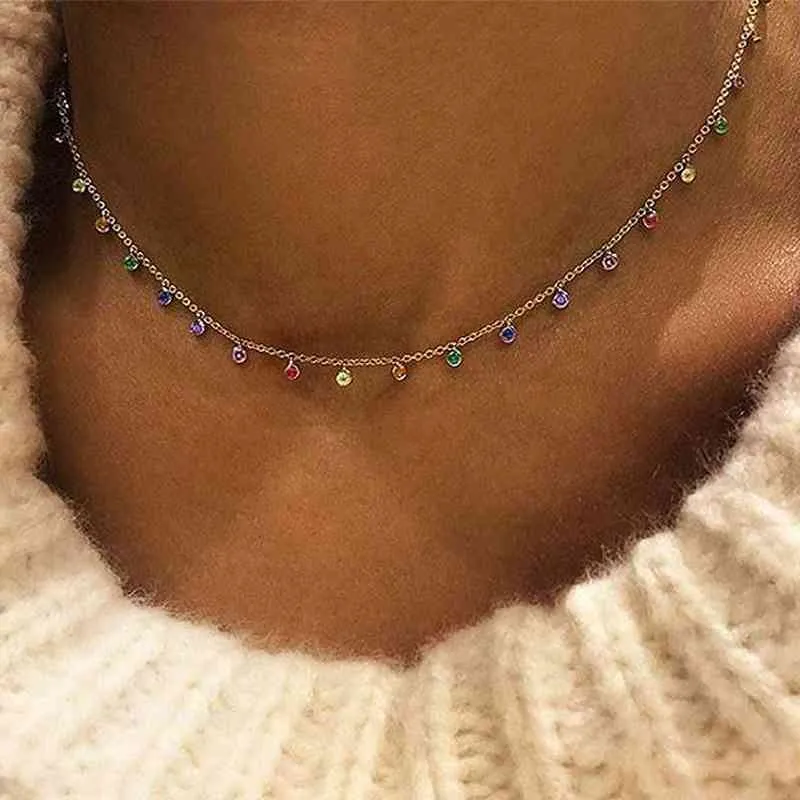 925 Sterling Silver Dainty Chandalier Layering CZ Okrągły Bezel Drip Naszyjnik Złoty Wypełnione Delikatna Rainbow CZ Choker