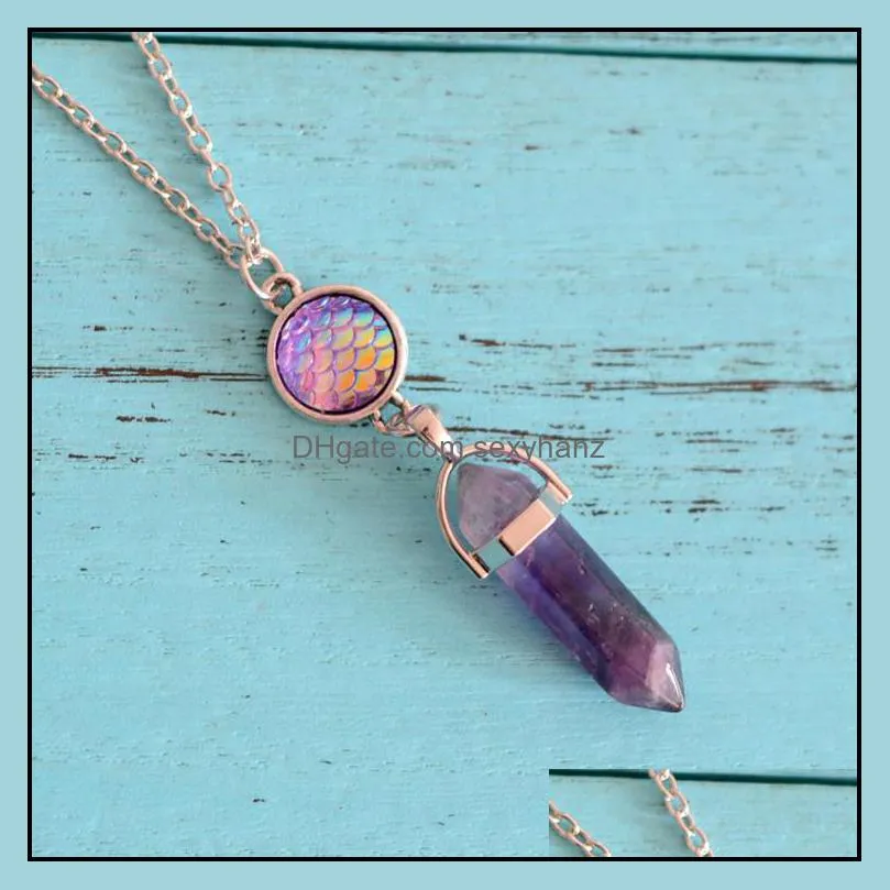 Hexagonal Crystal Pink Purple Quartz Natural Stone Pendant Chakra Fish Scale Druzy Drusy Necklace With 50cm stainless steel chain