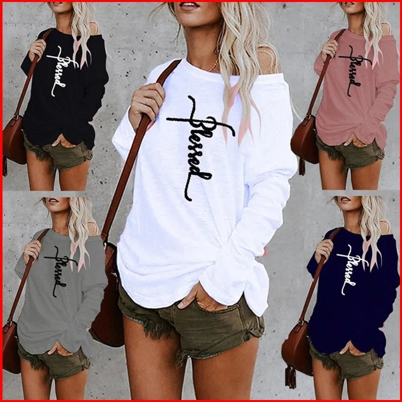 Sexy Off Épaule T-shirt Lettres Imprimé Femmes Mode Casual Automne O Cou À Manches Longues Lâche T-Shirt Plus La Taille Coton Pulls Tops T-shirts Femmes