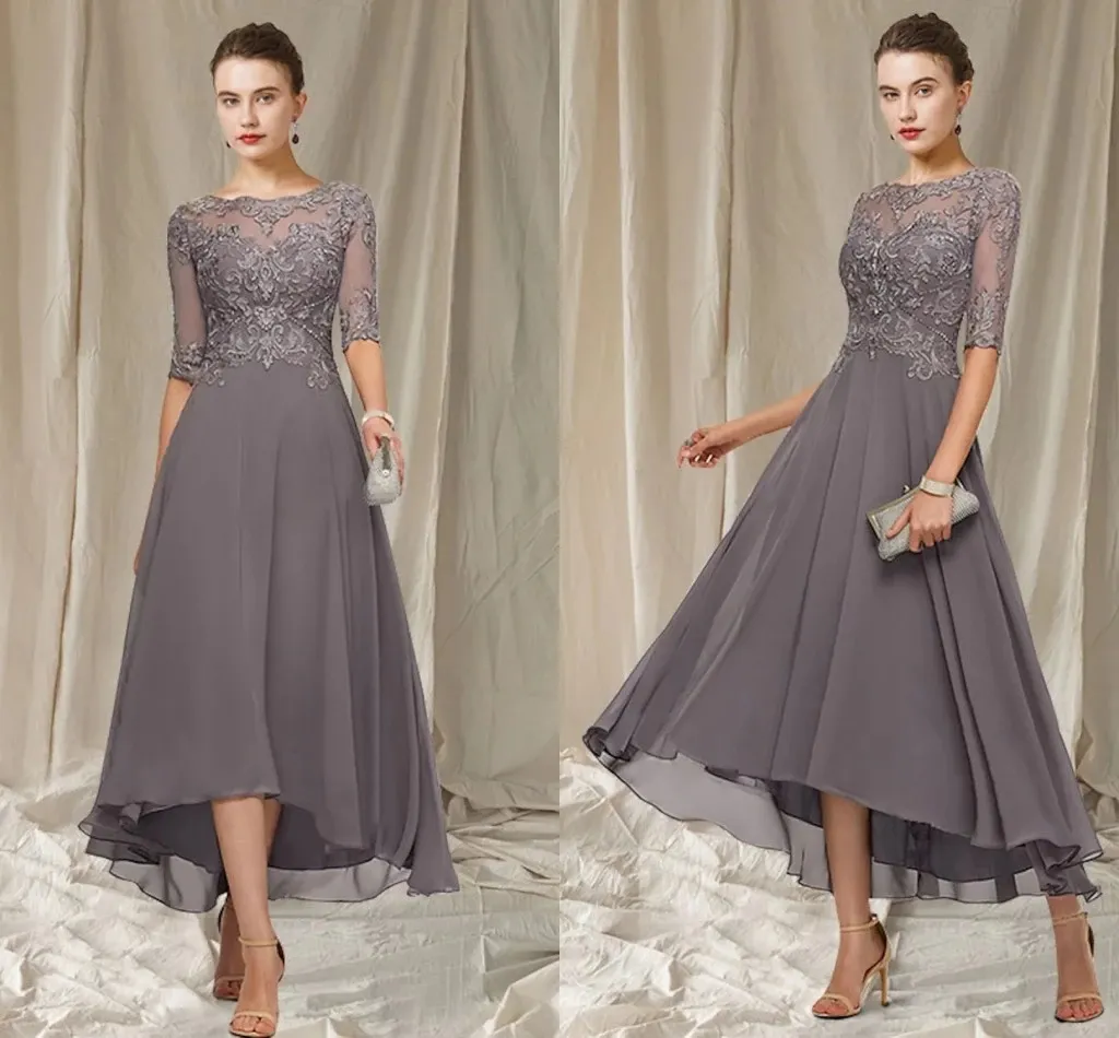 of the Mother A-line Bride Dress 2022 Elegant Jewel Neck Tea Length Chiffon Lace Appliques Wedding Guest Gown Half Sleeve Pleats Women Evening Party Gowns s