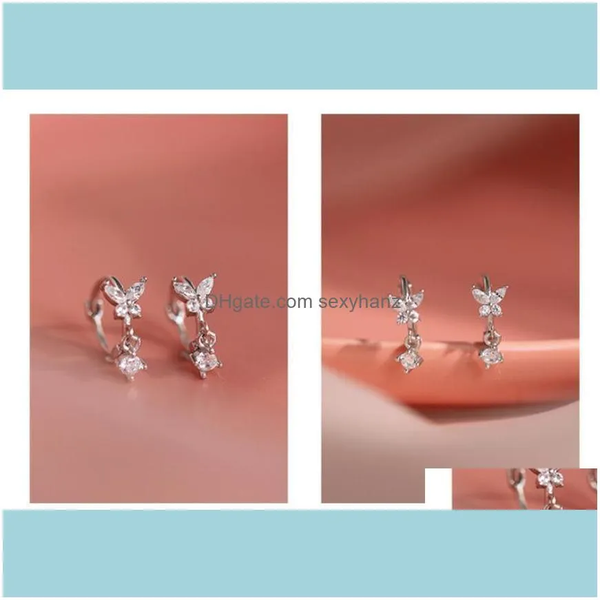 925 Sterling Silver Crystal Butterfly Charms Stud Earrings for Women Girls Wedding Party Jewelry Eh1032